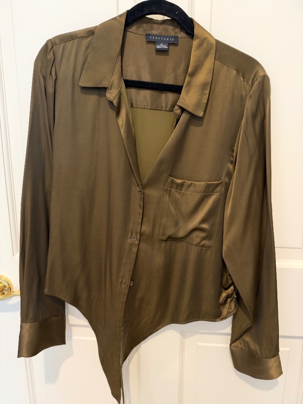 Sanctuary Olive Satin-Look Tie-Front Blouse | XL